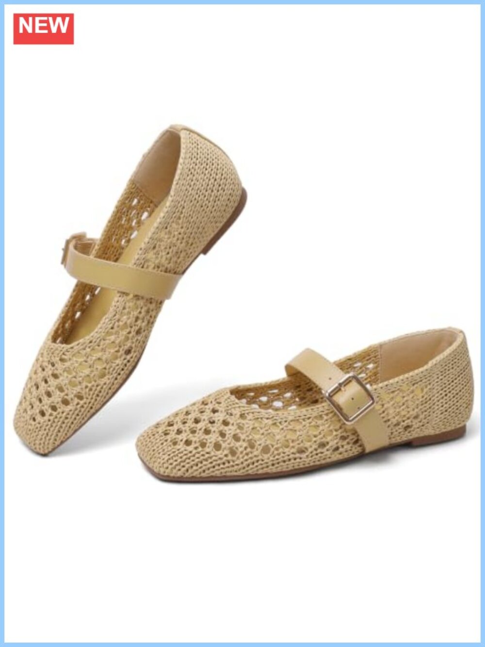 Woven Mesh Square Toe Slip On Flats with Adjustable Strap